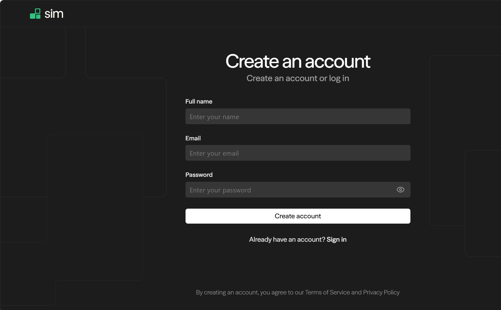 BH AM -Sim dashboard create account