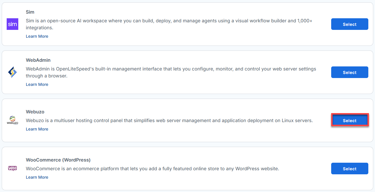 BH AM - Manage Server - Select Webuzo From The List Of Application