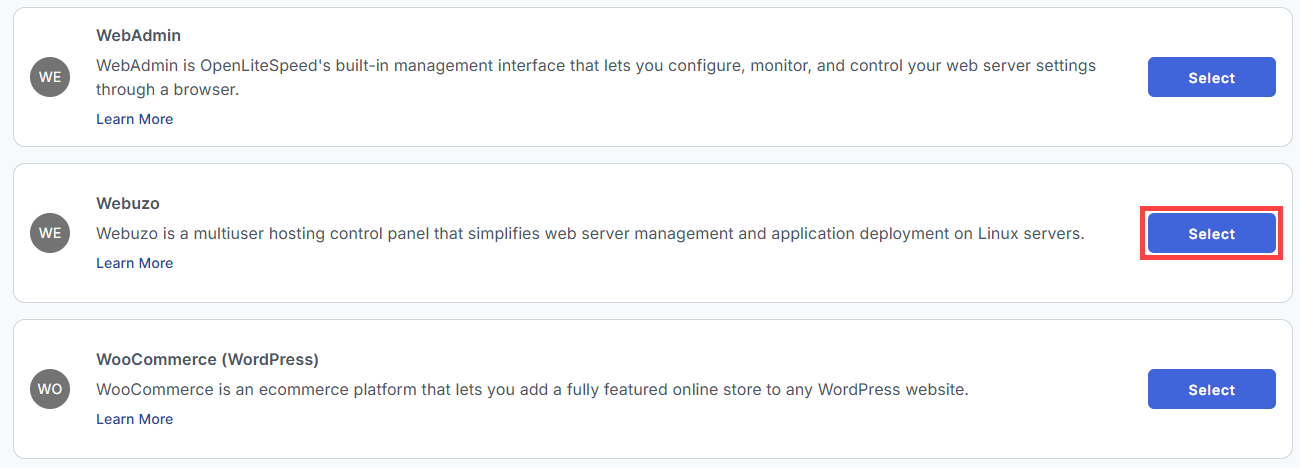 BH AM - Manage Server - Select Webuzo From The List Of Application