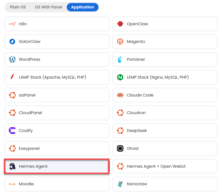 Self-Managed VPS - Application tab - hermes-agent