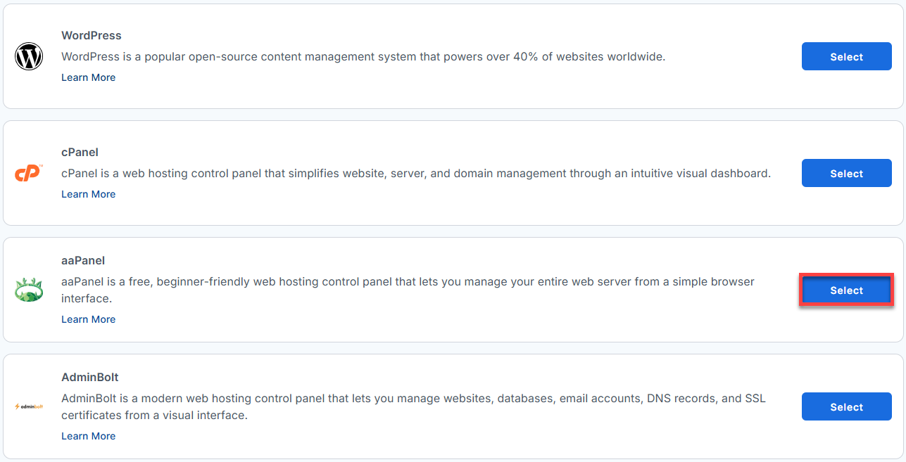 BH AM - Manage Server - Select aaPanel From The List Of Application