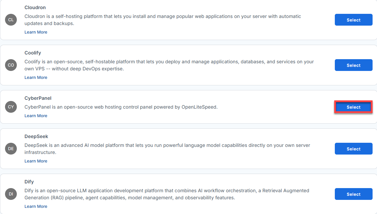 BH AM - Manage Server - Select CyberPanel From The List Of Application