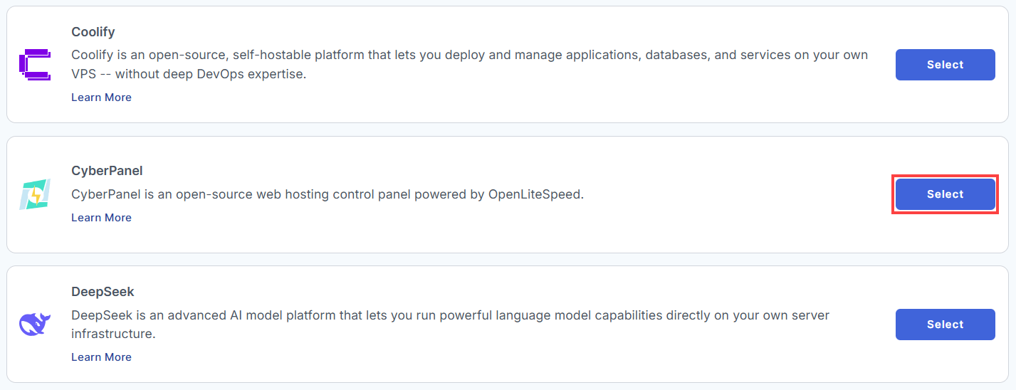 BH AM - Manage Server - Select CyberPanel From The List Of Application