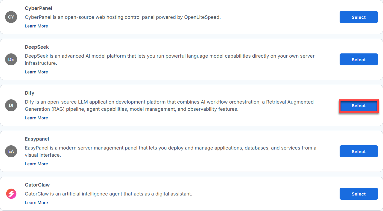 BH AM - Manage Server - Select Dify From The List Of Application