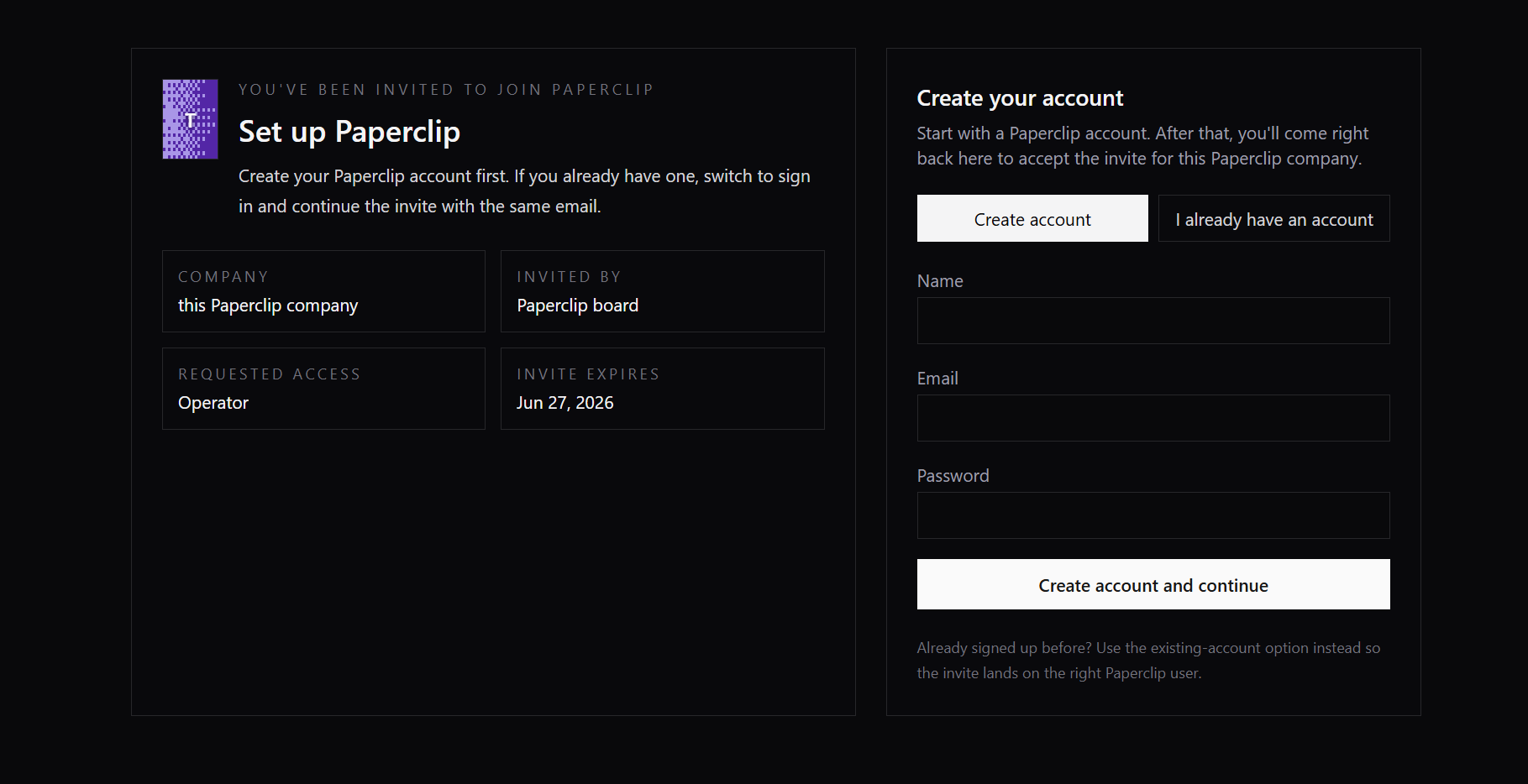 Paperclip create account
