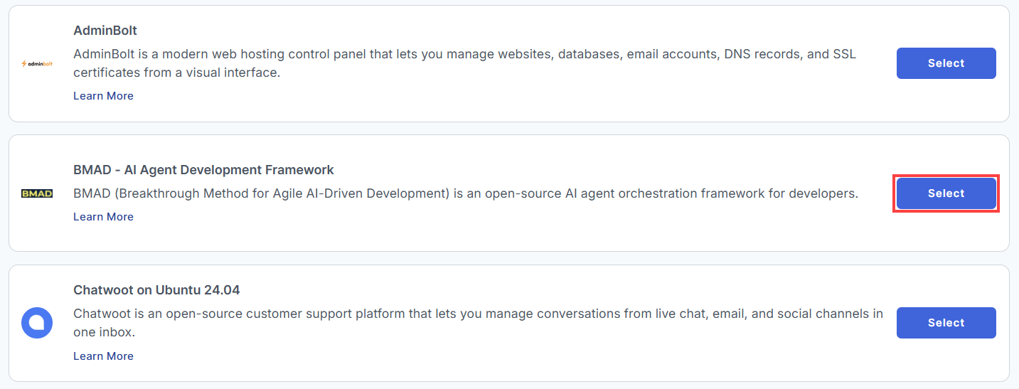 BH AM - Manage Server - Select BMAD From The List Of Application