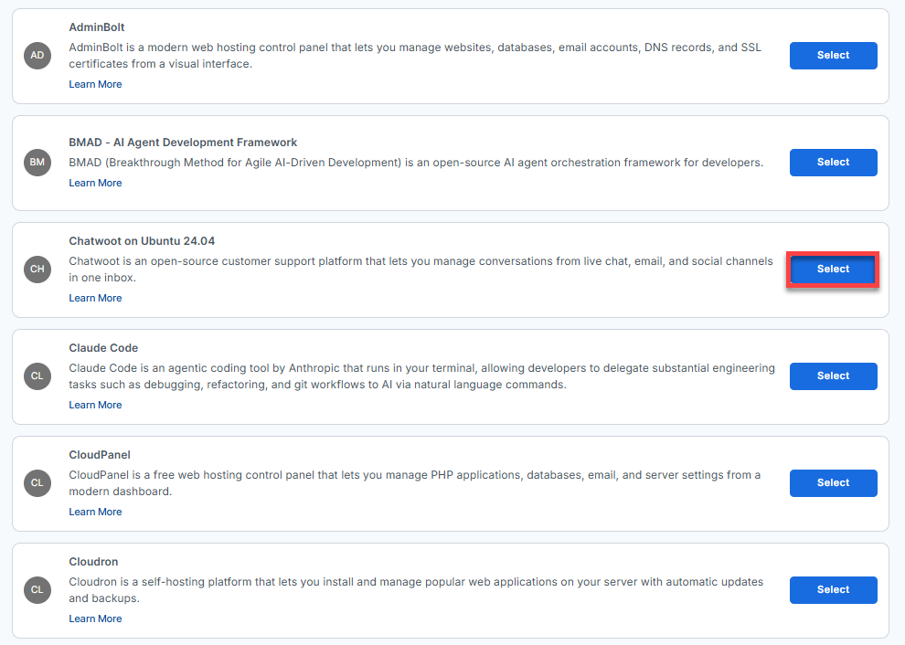 BH AM - Manage Server - Select Chatwoot From The List Of Application
