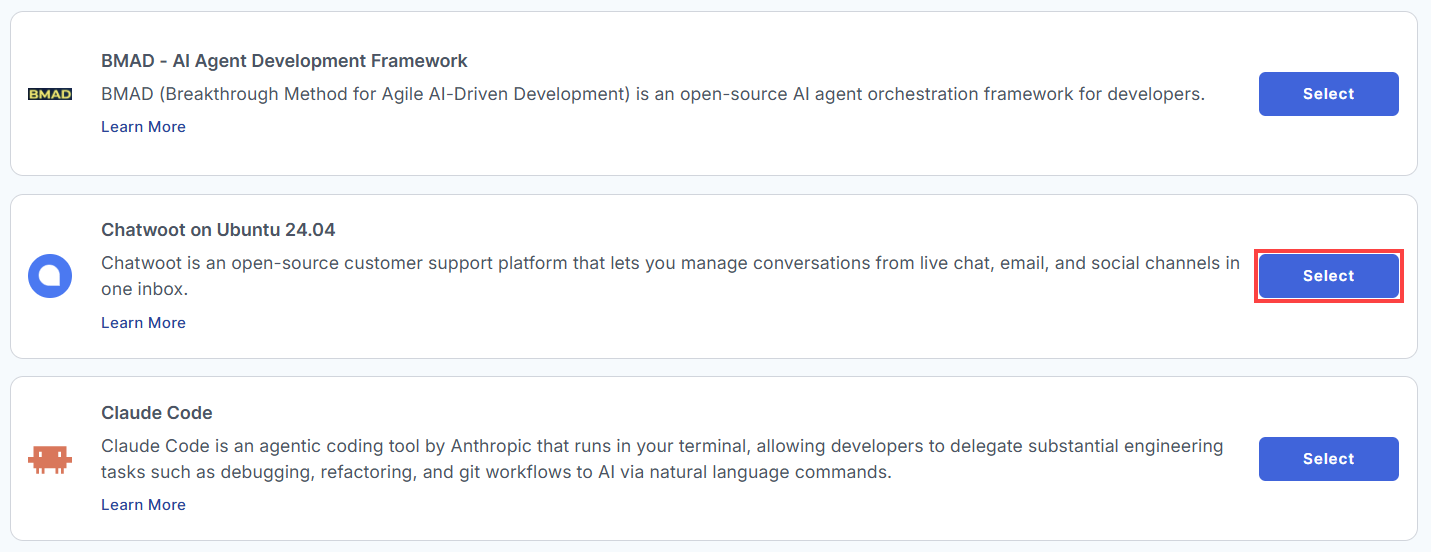BH AM - Manage Server - Select Chatwoot From The List Of Application