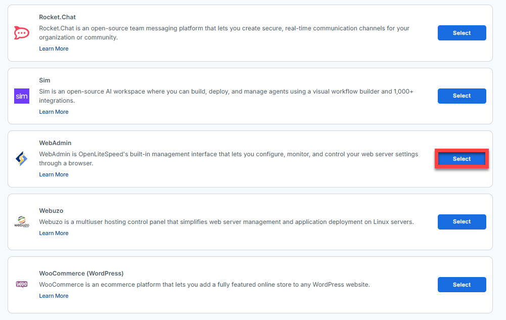 BH AM - Manage Server - Select WebAdmin From The List Of Application