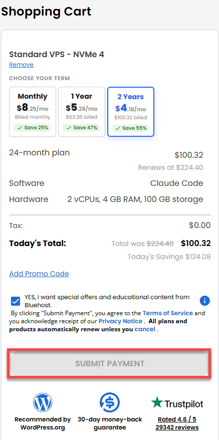 Self-Managed VPS - Checkout page