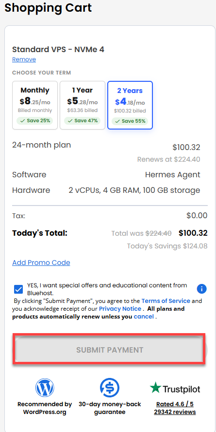 Self-Managed VPS - Checkout page
