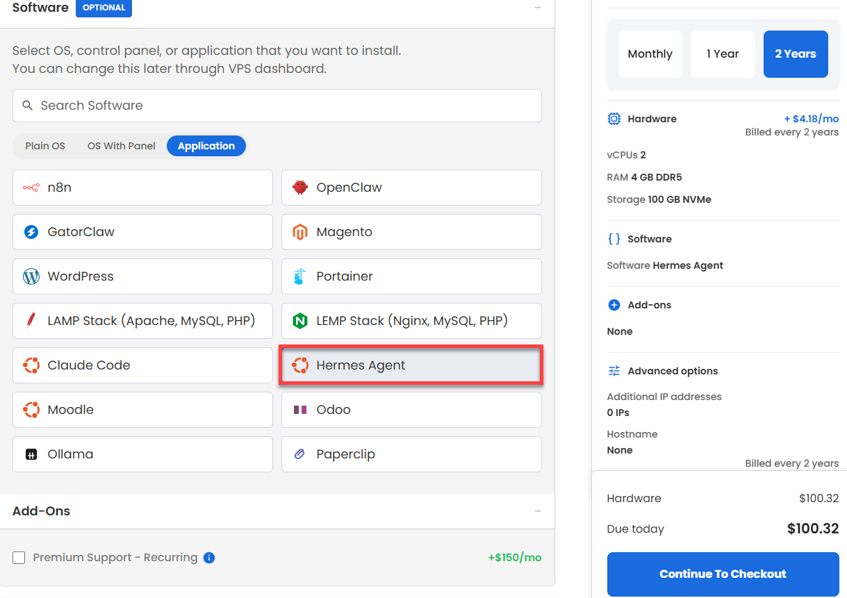 Self-Managed VPS - Application tab - hermes-agent