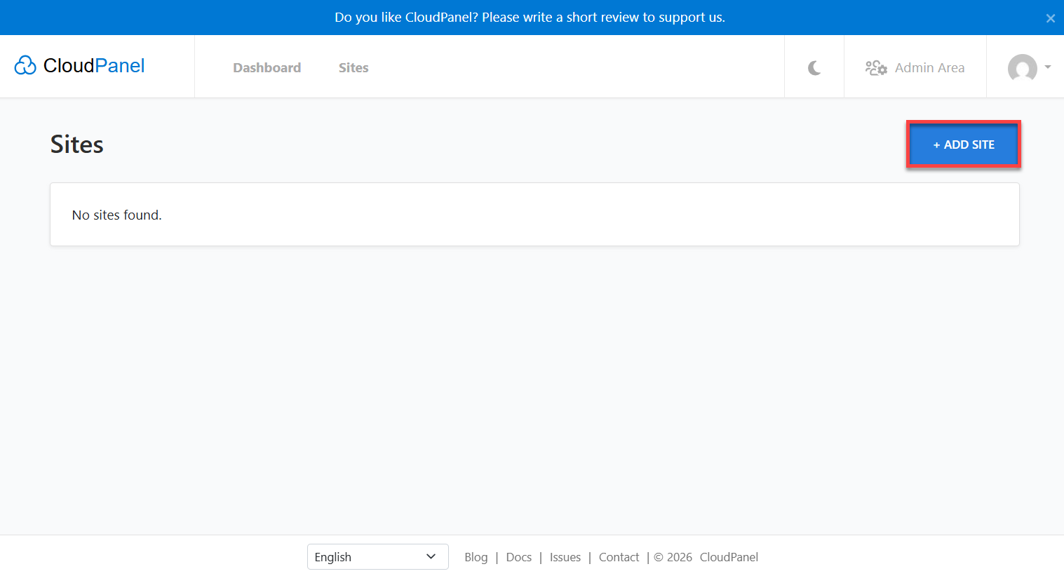 Cludpanel Dashboard - Add Sites