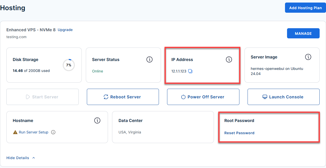 BH AM - hosting software root password and ip