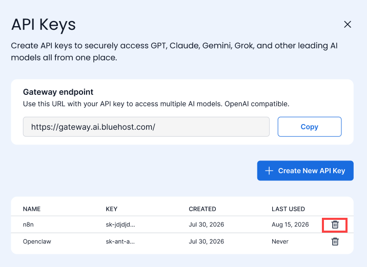 Bluehost Portal - Hosting Tab- AI Tooling- API Key list - Deletion