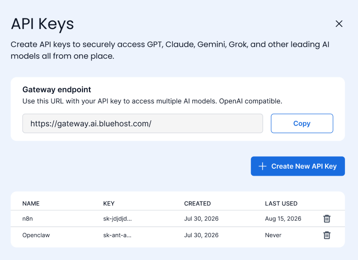 Bluehost Portal - Hosting Tab- AI Tooling- API Key list