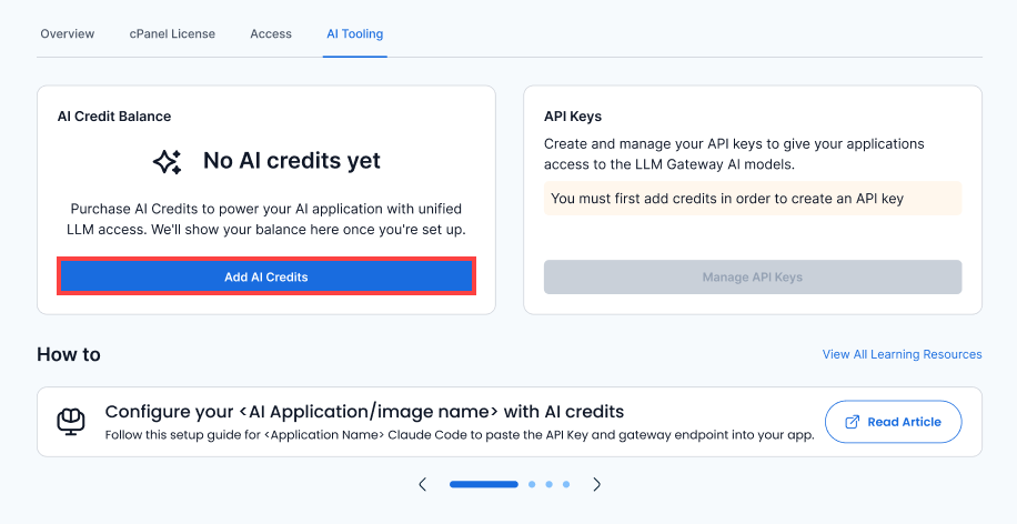 Bluehost Portal - Hosting Tab- AI Tooling- AI Credits
