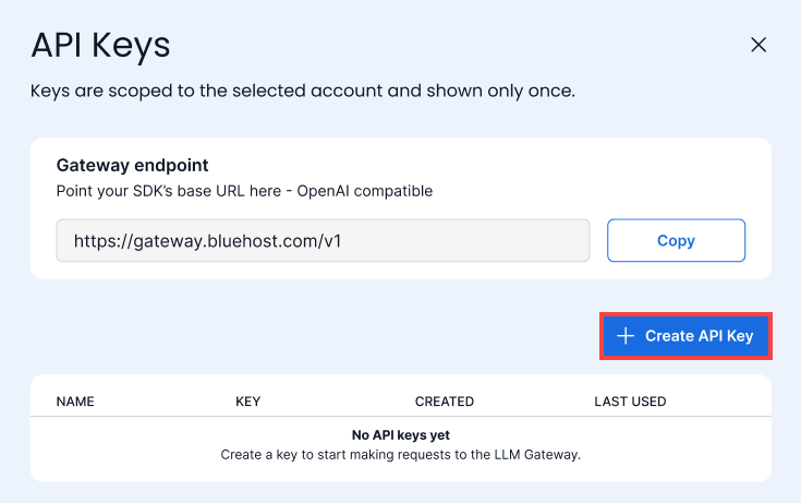 Bluehost Portal - Hosting Tab- AI Tooling- Manage - Create API