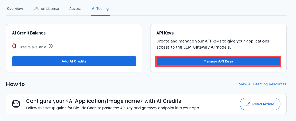 Bluehost Portal - Hosting Tab- AI Tooling- Manage API