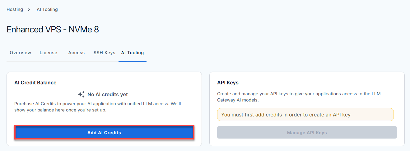 Bluehost Portal - Hosting Tab- AI Tooling- AI Credits