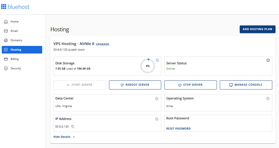 Hosting tab - Self-Managed VPS - More Details link