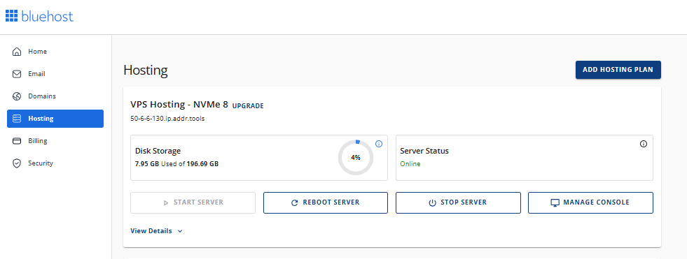 Account Manager - Hosting tab - Self-Managed VPS Inteface