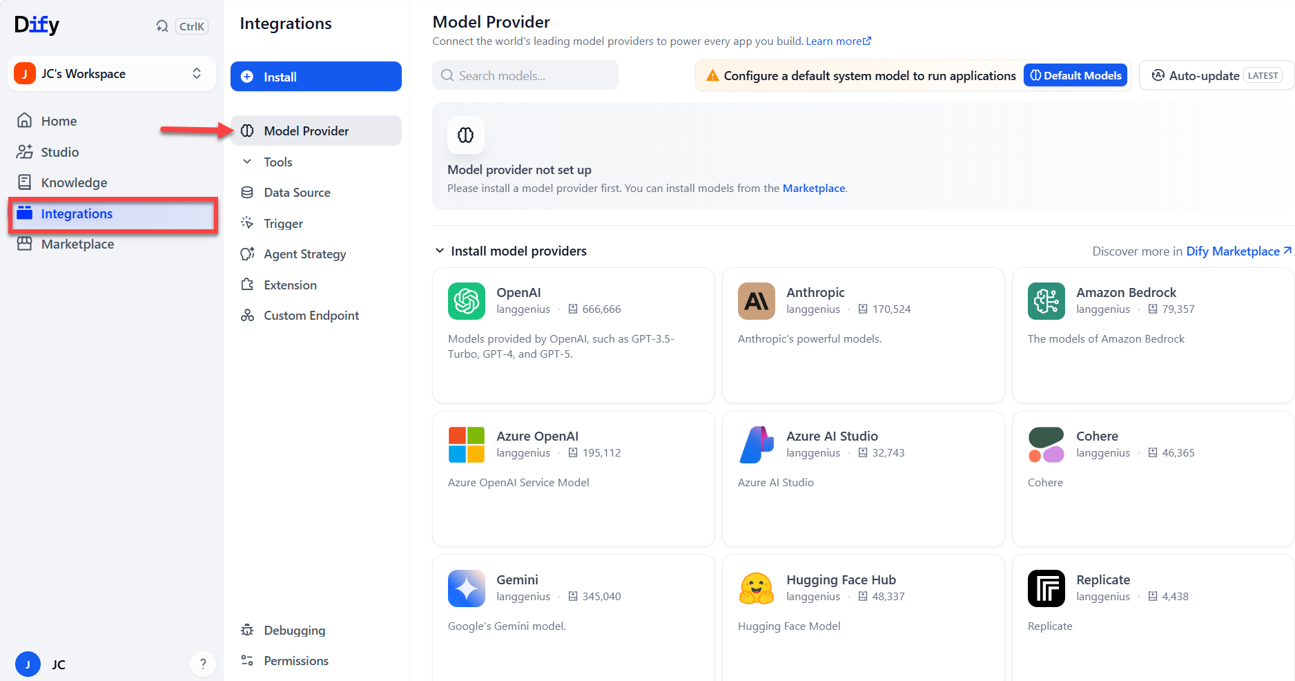 BH AM - Dify Initial Log in Integrations -> Model Provider