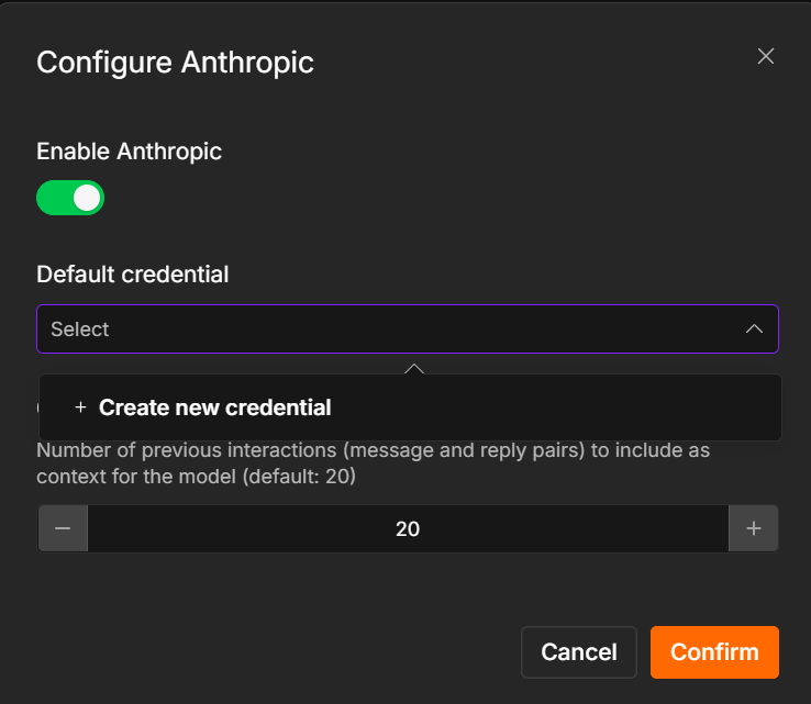Configure Anthropic panel with Enable Anthropic toggle and Default credential dropdown