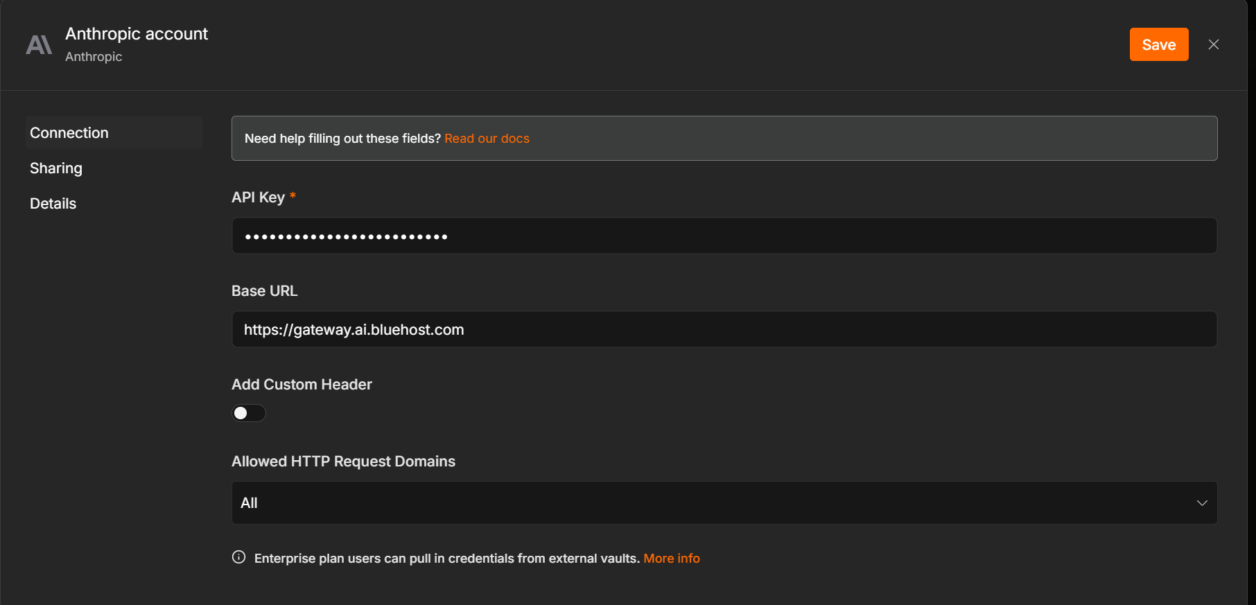Anthropic account credential form with API Key and Base URL fields