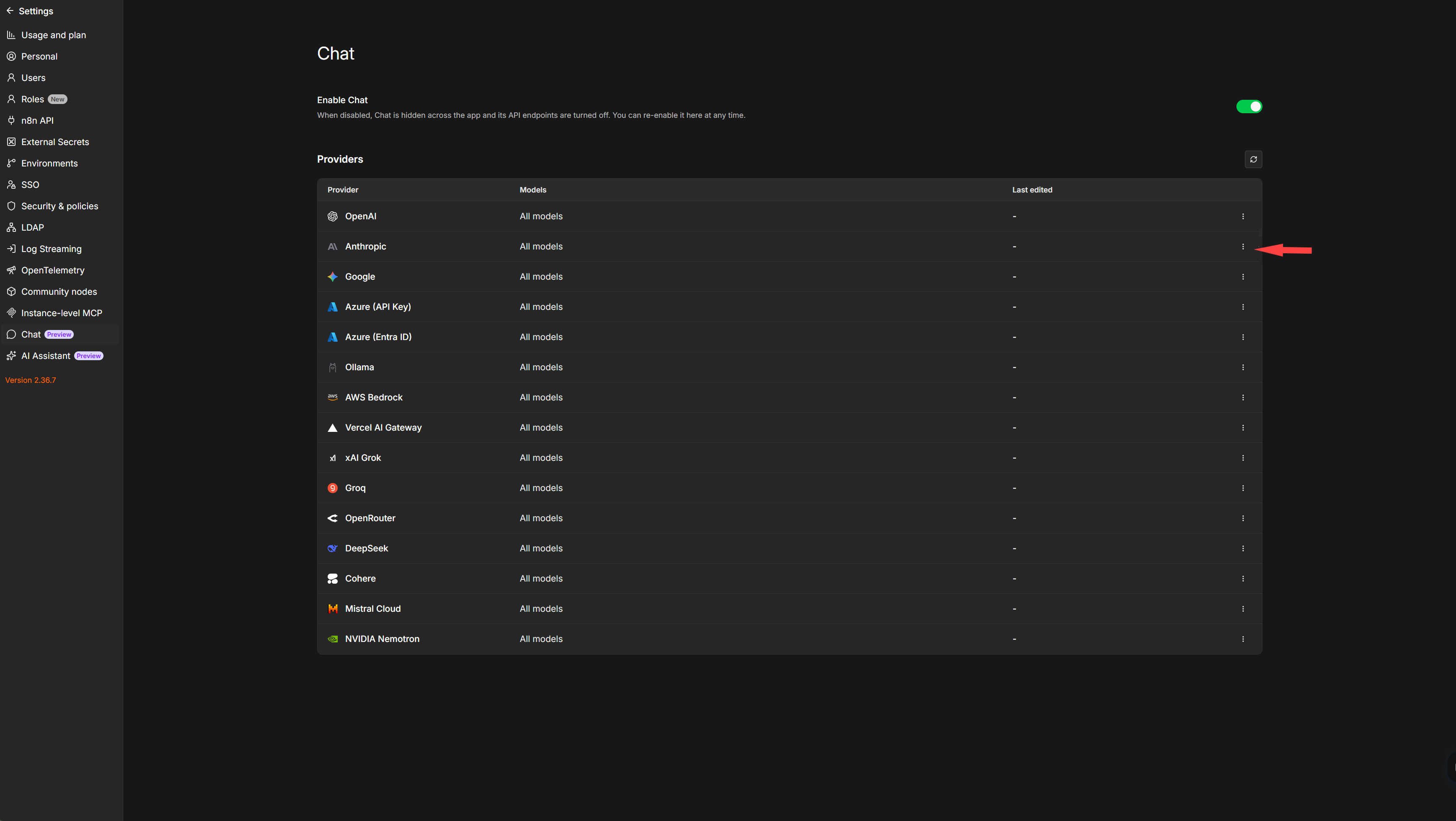 Chat settings page listing providers, with Anthropic row highlighted