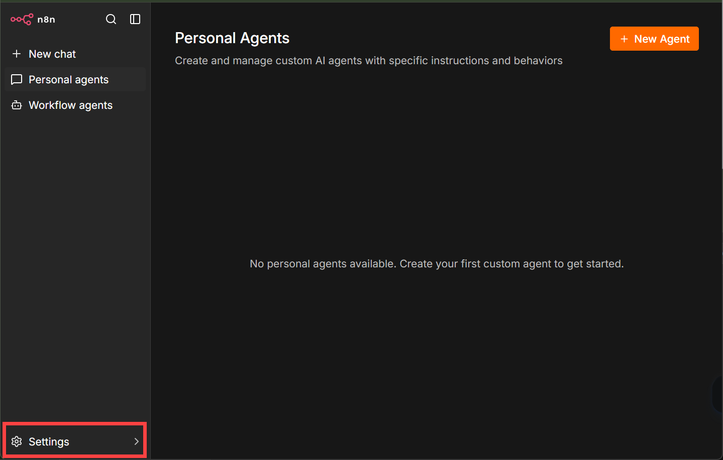 n8n sidebar with Settings link highlighted