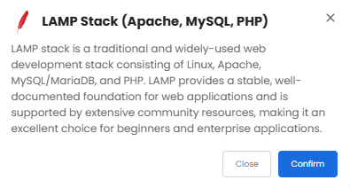 Self-Managed VPS - Application tab - LAMP Stack pop-up