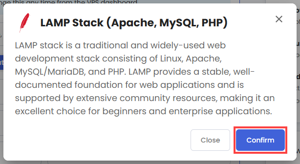 Self-Managed VPS - Application tab - LAMP Stack pop-up