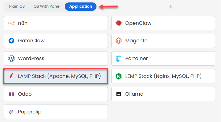 Self-Managed VPS - Application tab - LAMP Stack