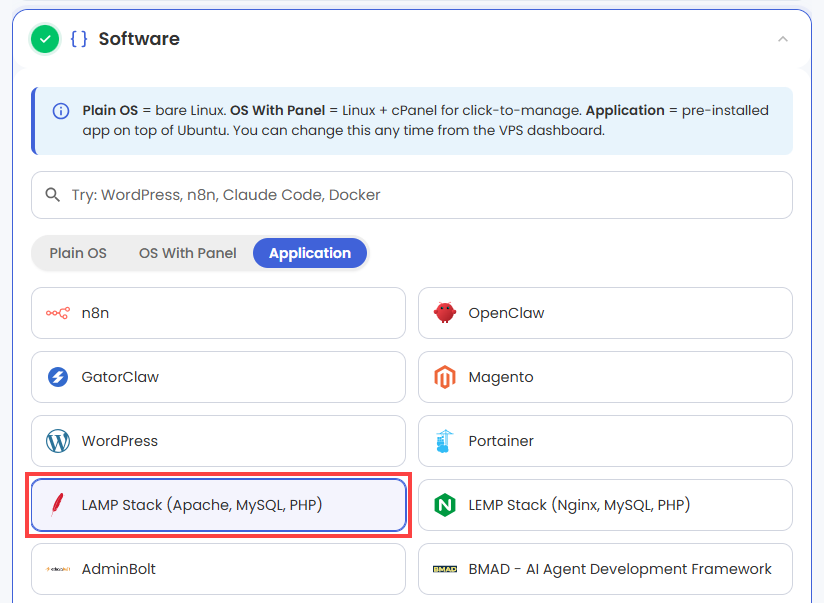 Self-Managed VPS - Application tab - LAMP Stack