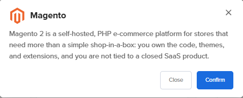Self-Managed VPS - Application tab - Magento pop-up