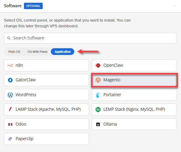 Self-Managed VPS - Application tab - Magento