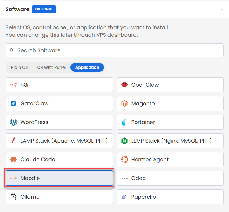 Self-Managed VPS - Application tab - moodle