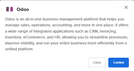 Self-Managed VPS - Application tab - Odoo pop-up