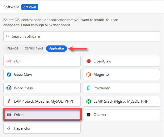 Self-Managed VPS - Application tab - Odoo