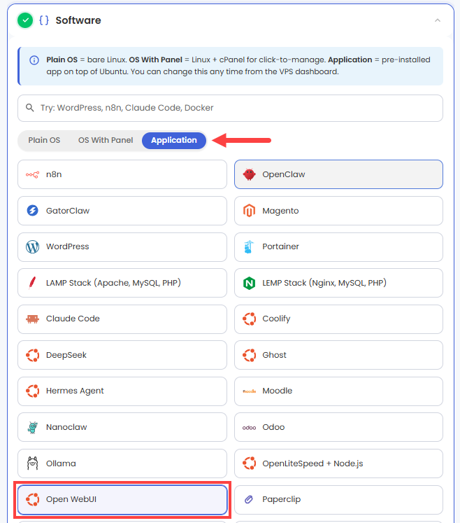 Self-Managed VPS - Application tab - Open WebUI