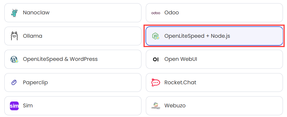 Choose OpenLiteSpeed + Node.js