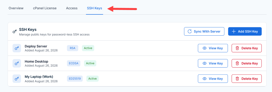 BH AM - Select Server - SSH Key tab