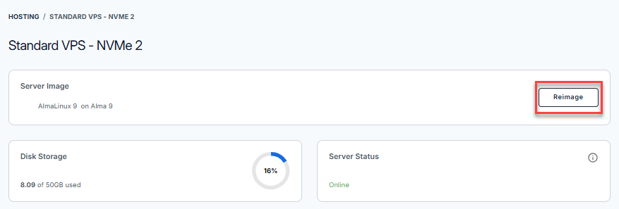 BH AM - Manage Server - Overview - Reimage button