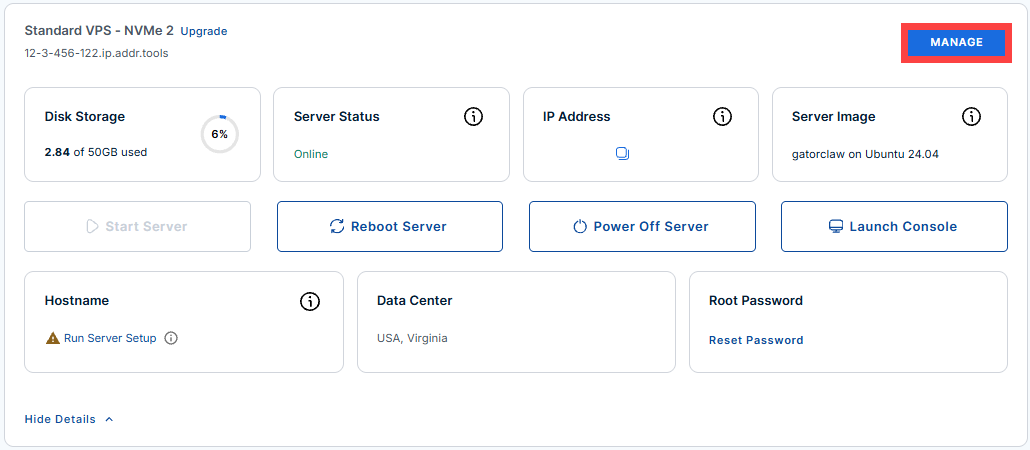  Manage in Bluehost Self-Managed VPS portal