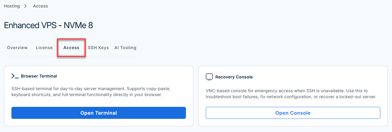 Bluehost Portal - Hosting Tab - Manage - Access