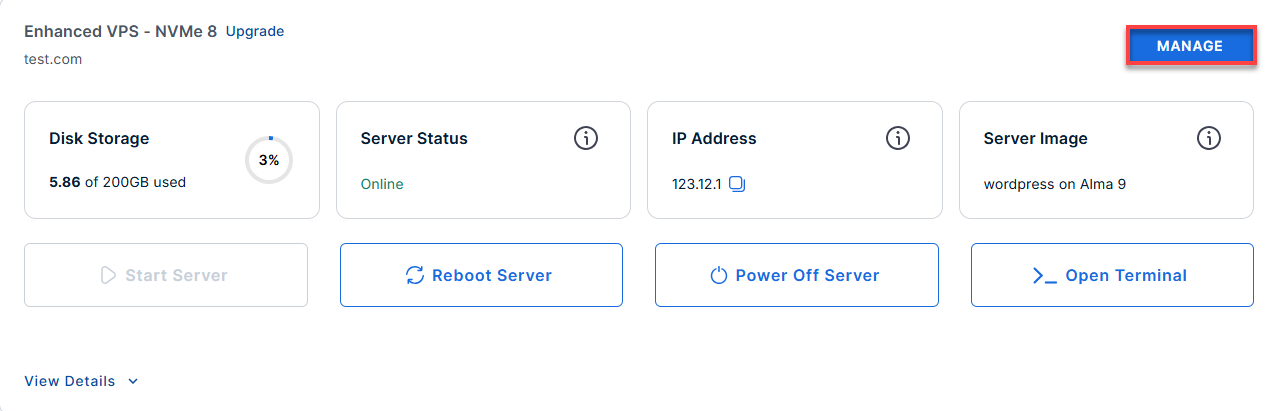 Bluehost Portal - Hosting Tab - Manage