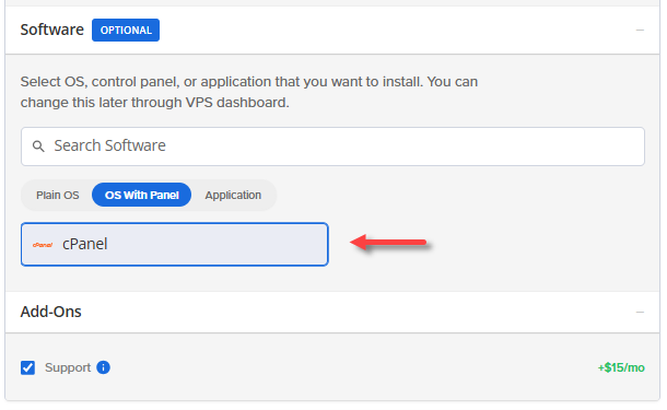 Self-Managed VPS - VPS Configurator - Software (OS With Panel tab with cPanel)