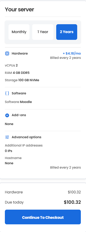 Self-Managed VPS - moodle - Continue to Checkout