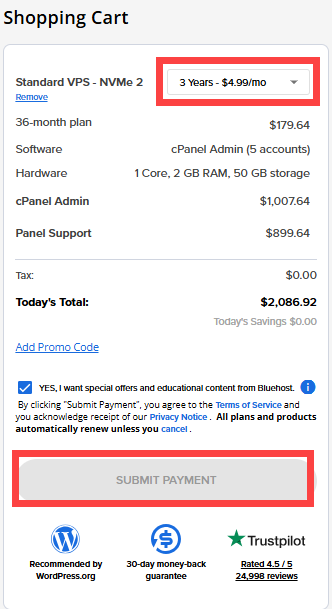 Self-Managed VPS - Cart - Your Configuration - Continue to Checkout